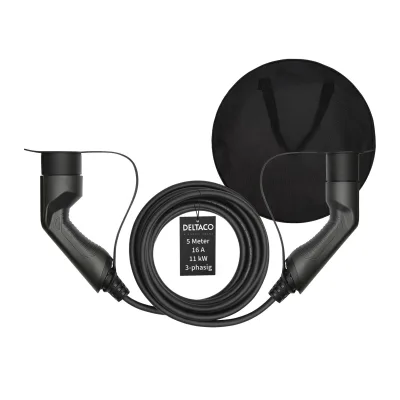 Deltaco EV-Ladekabel + Tasche, Typ2 auf Typ2, 16 A, 11 kW, 3-phasig 5m