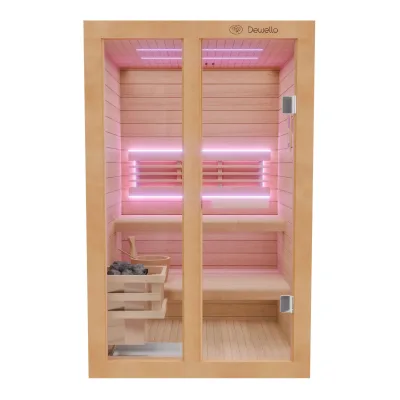 Dewello Finnische Sauna TOFINO 120x140 Kabine aus Hemlock Tannenholz mit 3,5 kW Harvia Ofen, inkl Sauna Set