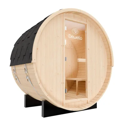 Dewello® Outdoor Fasssauna Bay, ca. 200x135x200cm, 3 Personen, Fichte, 4,5 kW Ofen + Zubehör   Gartensauna, Außensauna