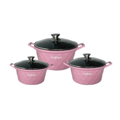 Diamant Kochgeschirr 6 teilig Topf Induktion Alu Guss Kochtopfset Marmor Pink