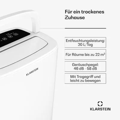 DryFy 20L Entfeuchter   20 L/Tag   22 m²   230 m³/h   Timer   Wassertank   mobil Weiß 20l/24h