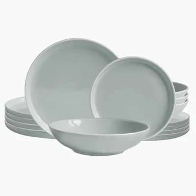 Echtwerk 12-teiliges Vintage Tafelservice "Nerea" Nature-Design, für 4 Personen, Pastellfarbenes Geschirrset aus Steingut mit 4 x Speiseteller, 4 x Beilagenteller, 4 x Suppenteller, Grau