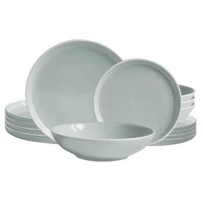 Echtwerk 18-teiliges Vintage Tafelservice "Nerea" Nature-Design, für 6 Personen, Pastellfarbenes Geschirrset aus Steingut mit 6 x Speiseteller, 6 x Beilagenteller, 6 x Suppenteller, Grau