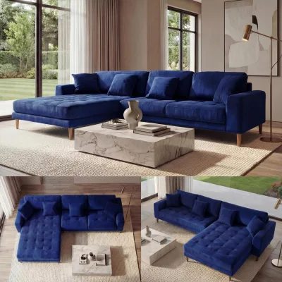 Ecksofa MCW-J54, Couch Sofa 3-Sitzer L-Form Liegefläche links/rechts 295cm ~ Samt blau
