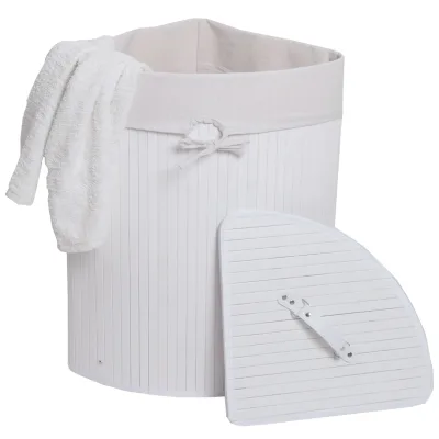 Eckwäschekorb MCW-C21, Laundry Wäschebox Wäschesammler Wäschebehälter, Bambus 61x48x35cm 50l ~ weiß