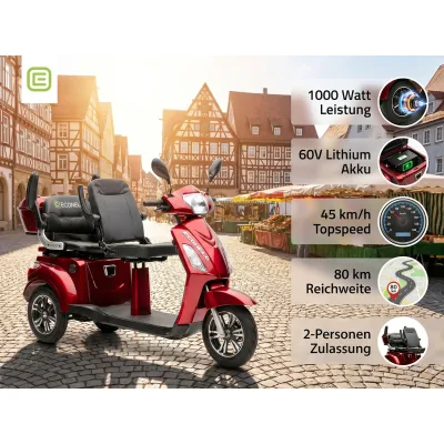 ECONELO E-Seniorenmobil Billy 2.0, Lithium-Akku, 3-Rad, 60V, 1000 Watt, normal Sitz, Rot