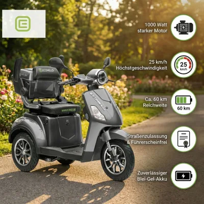 Econelo E-Seniorenmobil Yogi-IQ, Blei-Akku, 3-Rad, 1000 Watt, Grau