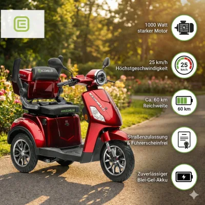 Econelo E-Seniorenmobil Yogi-IQ, Blei-Akku, 3-Rad, 1000 Watt, Rot