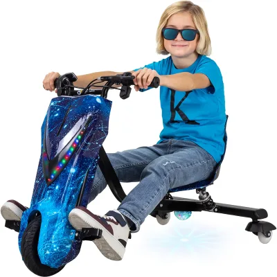 Elektro-Drift-Trike für Kinder, Drift-Scooter 2.0, bis zu 15km/h, drosselbar, Hupe, LED-Driftrollen (Space Blue)