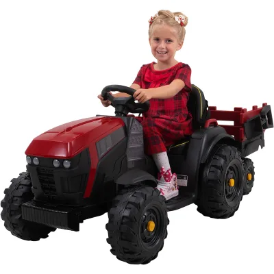 Elektro-Kindertraktor mit Anhänger, Staufach, Schaufel, Fernbedienung, 90 W, Bremsautomatik, TD925  (Rot/Schwarz)