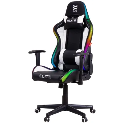 ELITE Gaming-Stuhl DESTINY, Rücken- und Nackenkissen, Wippmechanik, bis 170kg, Sitzhöhe 45-55, MG200 (RGB - Schwarz/Weiß)