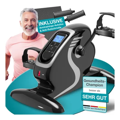 ELONEO 2in1 Arm- und Beintrainer, Elektro-Mini-Heimtrainer 3.0, Pedealtrainer mit Motor, inkl. Trainingsdisplay, Massage-Handgriffe Anti-Rutschmatt