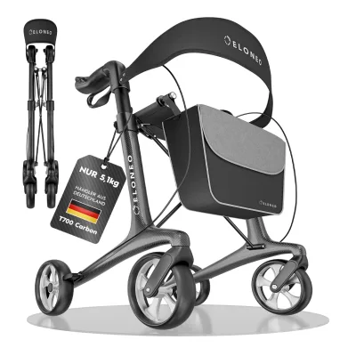 ELONEO Carbon Rollator faltbar und leicht mit Sitz, Leichtgewicht-Reiserollator ultraleicht 5,1 kg, Gehhilfe für Senioren 9-fach höhenverstellbar, mit Tasche, Anthrazit - Größe