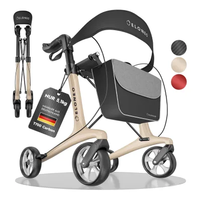 ELONEO Carbon Rollator faltbar und leicht mit Sitz, Leichtgewicht-Reiserollator ultraleicht 5,1 kg, Gehhilfe für Senioren 9-fach höhenverstellbar, mit Tasche, Creme - Größe