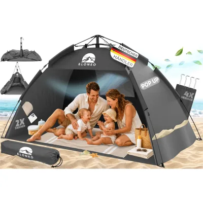 ELONEO Pop Up Strandmuschel UV Schutz 80+, Leichter Aufbau und kleines Packmaß inkl. Tragetasche, Strand Sonnenschutz & Windschutz für Babys und Erwachsene, Grau, 190x100x110 cm