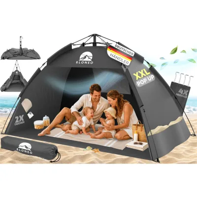 ELONEO Pop Up Strandmuschel UV Schutz 80+, Leichter Aufbau und kleines Packmaß inkl. Tragetasche, Strand Sonnenschutz & Windschutz für Babys und Erwachsene, Grau, 220x150x130 cm