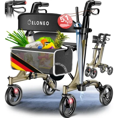 ELONEO Rollator faltbar und leicht mit Sitz - ultraleicht (5,1kg), Leichtgewicht-Reiserollator aus Aluminium, Gehhilfe höhenverstellbar und faltbar, Laufhilfe mit Tasche & Schirmhalter, champagner