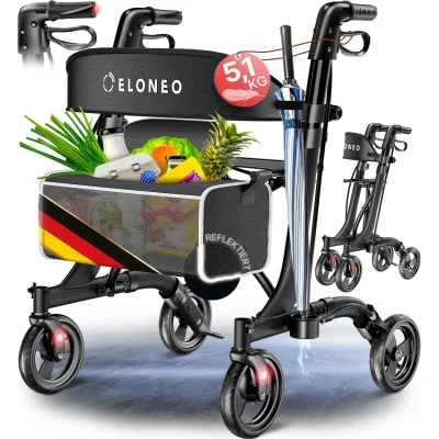 ELONEO Rollator faltbar und leicht mit Sitz - ultraleicht (5,1kg), Leichtgewicht-Reiserollator aus Aluminium, Gehhilfe höhenverstellbar und faltbar, Laufhilfe mit Tasche & Schirmhalter, schwarz