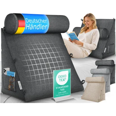 ELONEO Rückenkissen Anthrazit 50 cm breit mit Verstellbarer und Abnehmbarer Nackenrolle, Keilkissen für Bett und Sofa geeignet, dreieckiges Lesekissen, Kissen mit waschbarem Bezug, praktisches Seitenfach