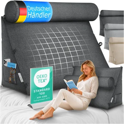 ELONEO Rückenkissen Anthrazit 70 cm breit mit Verstellbarer und Abnehmbarer Nackenrolle, Keilkissen für Bett und Sofa geeignet, dreieckiges Lesekissen, Kissen mit waschbarem Bezug, praktisches Seitenfach