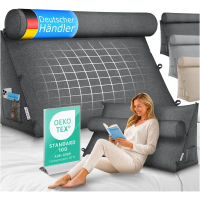 ELONEO Rückenkissen Anthrazit 90 cm breit mit Verstellbarer und Abnehmbarer Nackenrolle, Keilkissen für Bett und Sofa geeignet, dreieckiges Lesekissen, Kissen mit waschbarem Bezug, praktisches Seitenfach