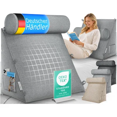 ELONEO Rückenkissen Grau 50 cm breit mit Verstellbarer und Abnehmbarer Nackenrolle, Keilkissen für Bett und Sofa geeignet, dreieckiges Lesekissen, Kissen mit waschbarem Bezug, praktisches Seitenfach