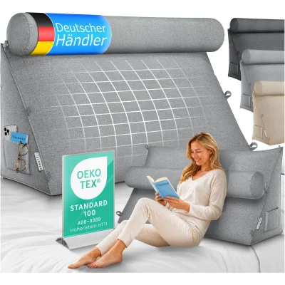 ELONEO Rückenkissen Grau 90 cm breit mit Verstellbarer und Abnehmbarer Nackenrolle, Keilkissen für Bett und Sofa geeignet, dreieckiges Lesekissen, Kissen mit waschbarem Bezug, praktisches Seitenfach