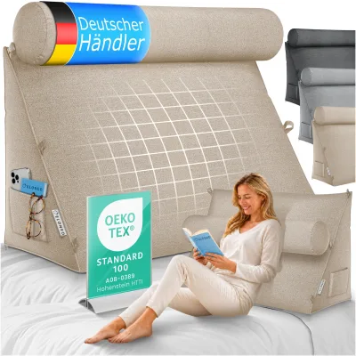 ELONEO Rückenkissen Sand 70 cm breit mit Verstellbarer und Abnehmbarer Nackenrolle, Keilkissen für Bett und Sofa geeignet, dreieckiges Lesekissen, Kissen mit waschbarem Bezug, praktisches Seitenfach