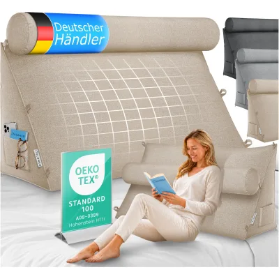 ELONEO Rückenkissen Sand 90 cm breit mit Verstellbarer und Abnehmbarer Nackenrolle, Keilkissen für Bett und Sofa geeignet, dreieckiges Lesekissen, Kissen mit waschbarem Bezug, praktisches Seitenfach