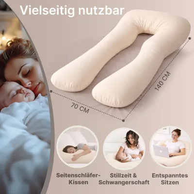 ELONEO Seitenschläferkissen mit Bezug, Stillkissen, Schwangerschaftskissen XXL, Creme