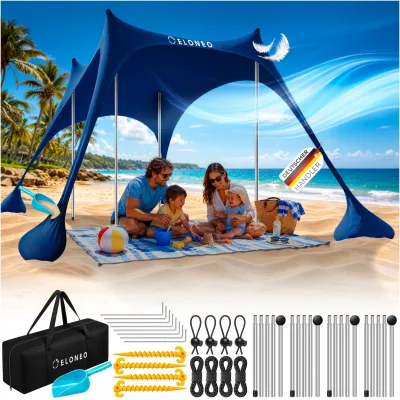 ELONEO Strandzelt, Sonnensegel Strand 228x214x200 cm, LSF 50+, Sonnenschutz für Strand mit Sandschaufel, Heringen und 4 Stabilitätsstangen, 4 Personen, Navy