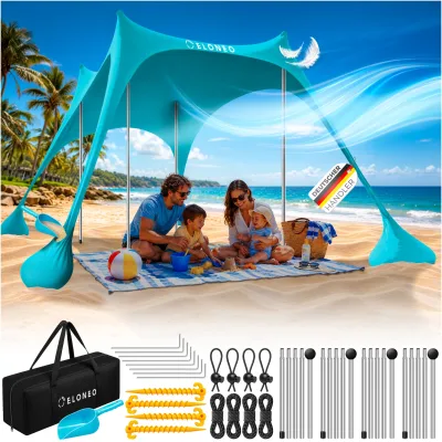 ELONEO Strandzelt, Sonnensegel Strand 228x214x200 cm, LSF 50+, Sonnenschutz für Strand mit Sandschaufel, Heringen und 4 Stabilitätsstangen, 4 Personen, Türkis
