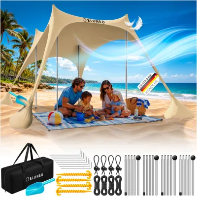 ELONEO Strandzelt, Sonnensegel Strand 300x300x200 cm, LSF 50+, Sonnenschutz für Strand mit Sandschaufel, Heringen und 4 Stabilitätsstangen, 8 Personen, Creme