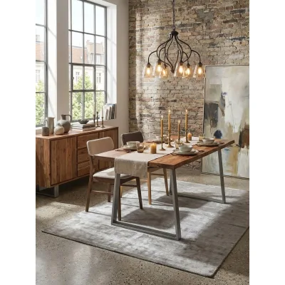 Esstisch Massivholz Metall Trapezgestell Baumkante Rechteckig, Akazie 160x80x76 cm