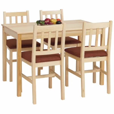 Esszimmer-Set MCW-F77, Sitzgruppe Esszimmergruppe, Massiv-Holz Kiefer Stoff Landhaus 110cm ~ natur Polster terrakotta