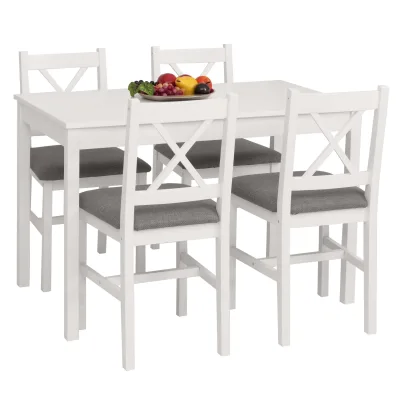 Esszimmer-Set MCW-F77, Sitzgruppe Esszimmergruppe, Massiv-Holz Kiefer Stoff Landhaus 110cm ~ weiß Polster grau