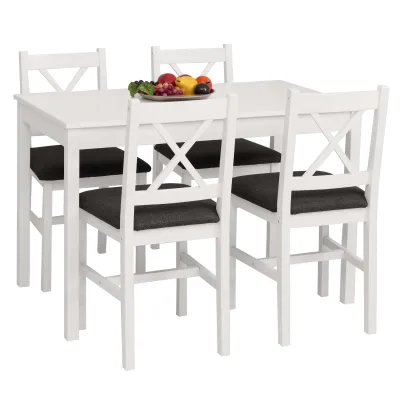 Esszimmer-Set MCW-F77, Sitzgruppe Esszimmergruppe, Massiv-Holz Kiefer Stoff Landhaus 110cm ~ weiß Polster schwarz