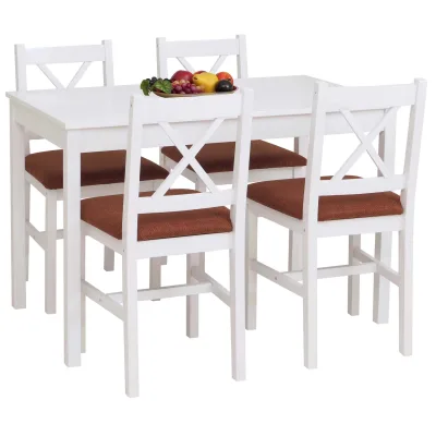 Esszimmer-Set MCW-F77, Sitzgruppe Esszimmergruppe, Massiv-Holz Kiefer Stoff Landhaus 110cm ~ weiß Polster terrakotta