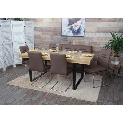 Esszimmer-Set MCW-H70, Esszimmergruppe Sitzgruppe Esszimmergarnitur, Stoff/Textil Edelstahl gebürstet ~ braun 160cm