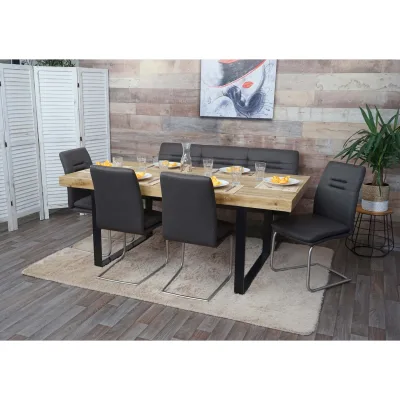 Esszimmer-Set MCW-H70, Esszimmergruppe Sitzgruppe Esszimmergarnitur, Stoff/Textil Edelstahl gebürstet ~ grau-braun 160cm