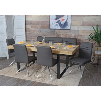 Esszimmer-Set MCW-H70, Sitzgruppe Esszimmergruppe Esszimmergarnitur, Stoff/Textil Edelstahl gebürstet ~ grau-braun 160cm