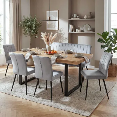 Esszimmer-Set MCW-K16, 4er-Set Stuhl+Sitzbank Esszimmergruppe Sitzgruppe Esszimmergarnitur, Samt Metall ~ hellgrau