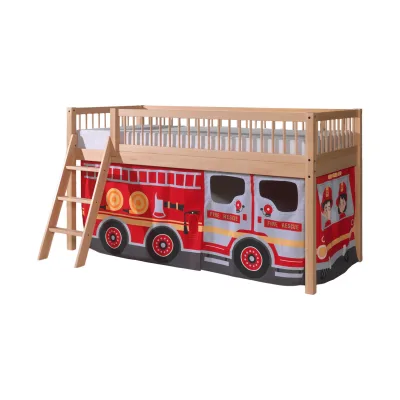 FAGUS halbhohes Bett 90 x 200 cm, inkl. Lattenrost, mit Textilset "FIRE RESCUE", Ausf. Buche massiv natur