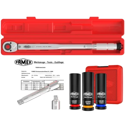 FAMEX 10886-3N Drehmomentschlüssel Set 1/2" mit Einsätzen - 30-210 Nm