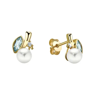 Fascination by Ellen K. Ohrringe Gold 375 mit weißer Perle 6,5mm, echtem Blautopas (beh.) und Zirkonia weiß