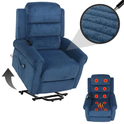 Fernsehsessel MCW-K63, Relaxsessel, Liegefunktion Aufstehhilfe Massage Heizfunktion, Stoff (220g/m²) Cord ~ blau