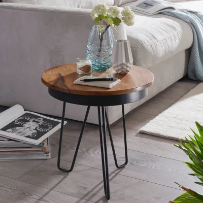 FineBuy Beistelltisch Ø43 Sheesham Massivholz Couchtisch Metall Wohnzimmertisch