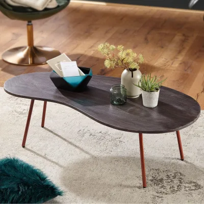 FineBuy Couchtisch Akazie Massivholz 122cm Wohnzimmertisch Retro Nierenform