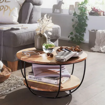 FineBuy Couchtisch Akazie Massivholz rund 60cm Wohnzimmertisch Ablage Industrial