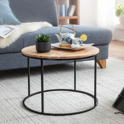 FineBuy Couchtisch Akazie Massivholz rund 60cm Wohnzimmertisch Handgefertigt